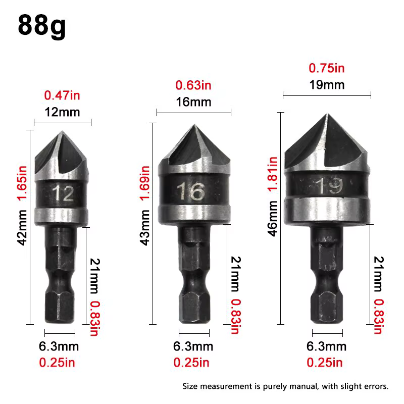 3PC Hexagonale Tige 90 Degrés Noir Cinq Lame Chanféreur 12/16/19mm Fraise Forage Bois Trou Ouvre Outil Ensemble