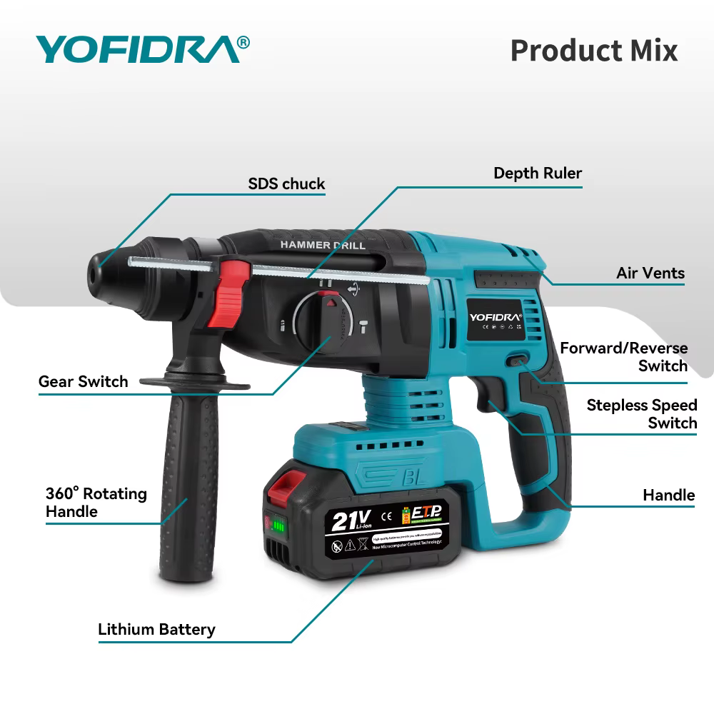 Marteau perforateur électrique sans fil YOFIDRA 26 mm