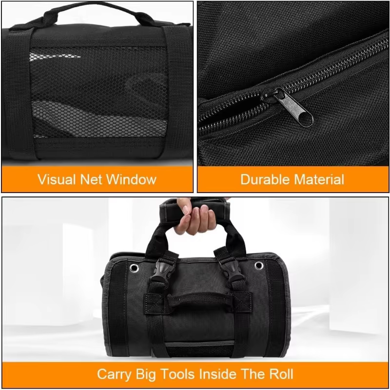 Sac à outils pliable et enroulable avec 2 pochettes zippées détachables