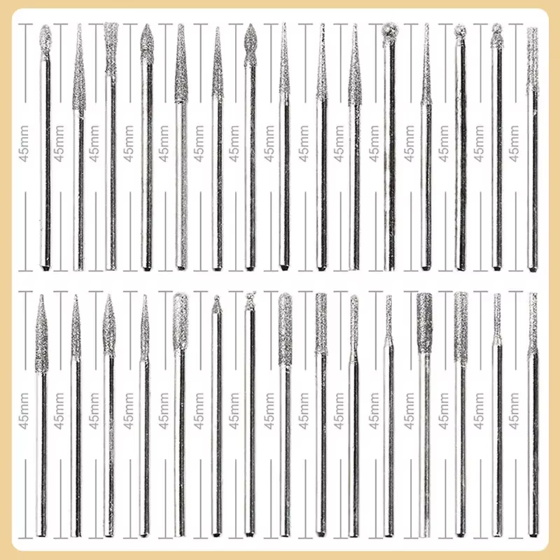 Jeu de 30 fraises diamantées avec étui – tige 2.35/3mm pour outils Dremel et rotatifs