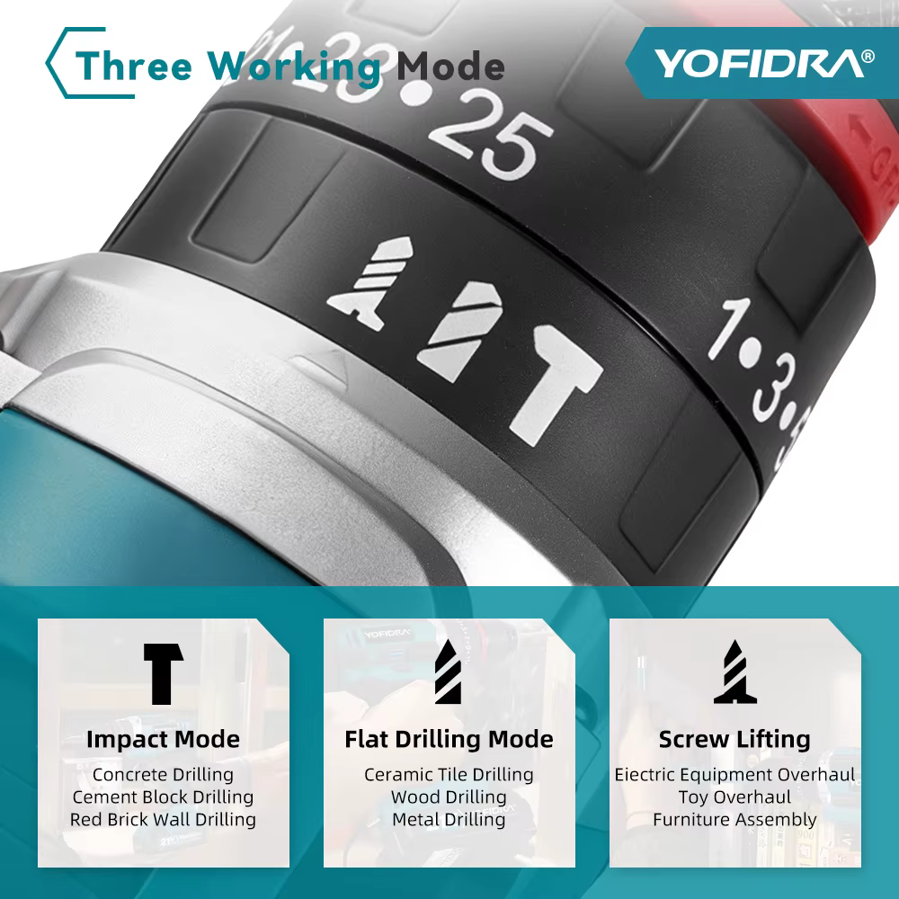 YOFIDRA 3IN1 perceuse à percussion électrique 25 + 3 couple