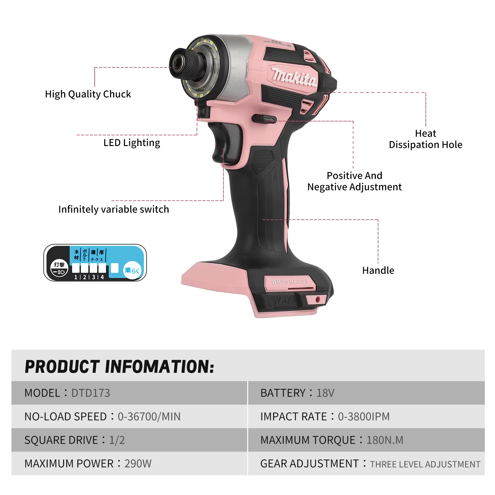 Makita 18V DTD173 Noir Rose Perceuse sans balais Outil électrique pour l'amélioration de l'habitat et le bricolage 180