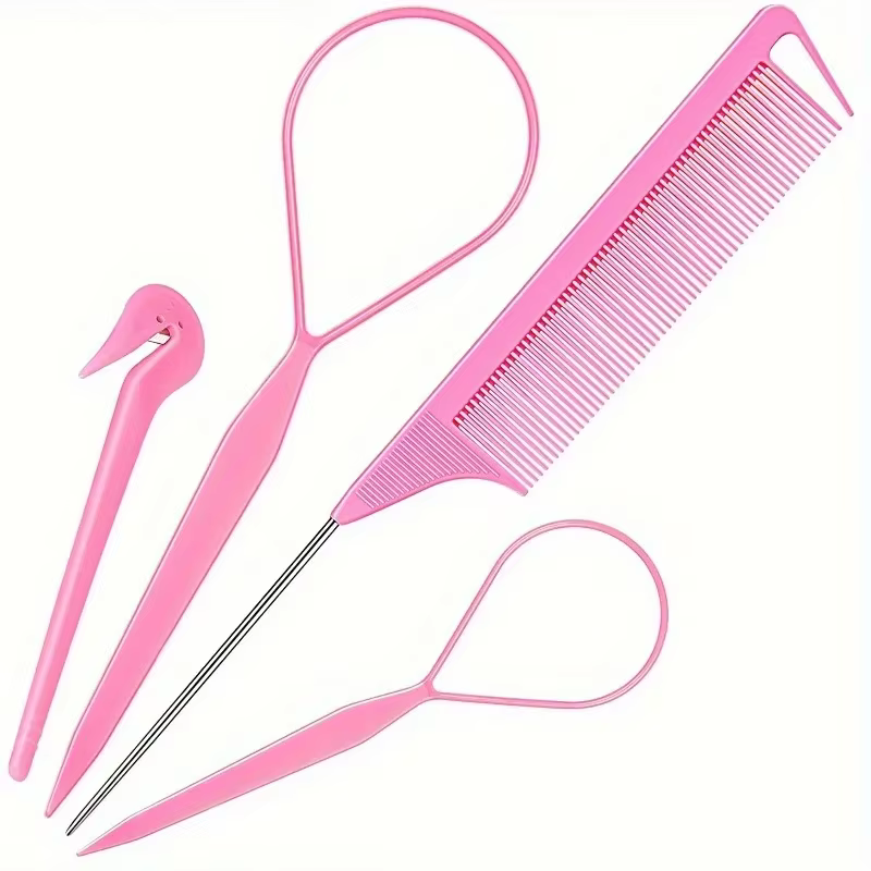 Kit d'outils pour cheveux 4 pièces/ensemble : 2 outils à boucles pour tresses françaises, 1 peigne à queue de rat, 1 coupe-élastiques