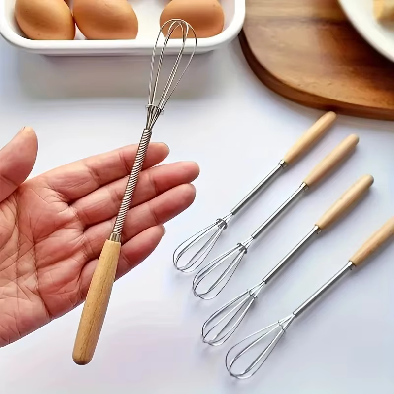 Mini batteur à œufs en acier inoxydable, manche en bois, mélangeur d'œufs, ensemble de cuisson, outils de gâteaux à domicile, accessoires de cuisine