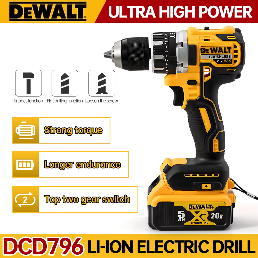 Dewalt DCD796 perceuse à percussion compacte sans fil sans brosse lumière LED puissant outil électrique