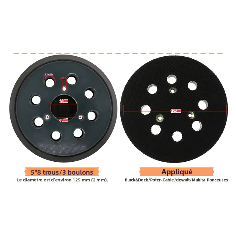 Plaque de support de ponçage auto-agrippante 8 trous 125 mm (5 pouces) pour ponceuse excentrique – Qualité supérieure pour outils électroportatifs