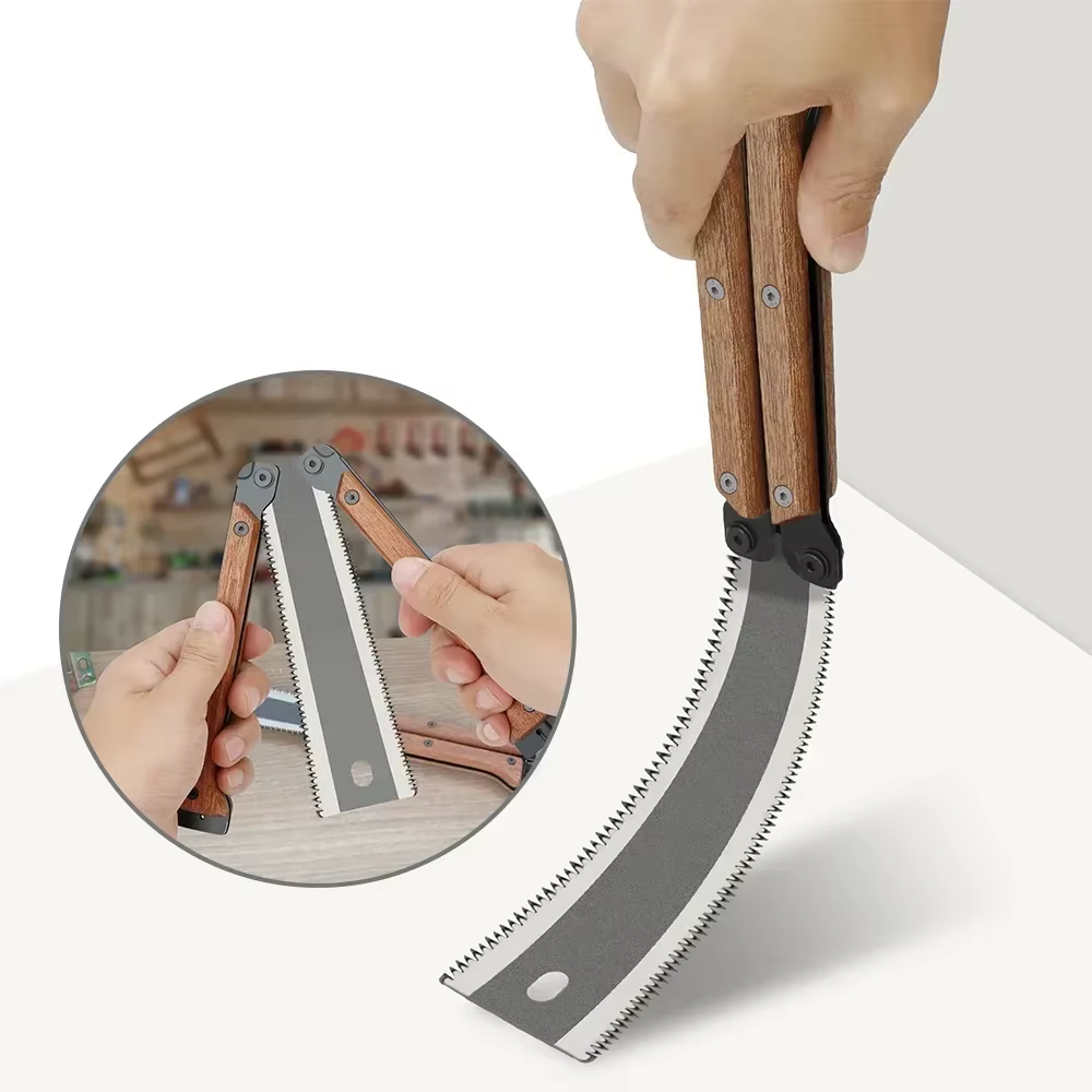Scie à main pliante de style japonais à double tranchant avec manche en bois pour le travail