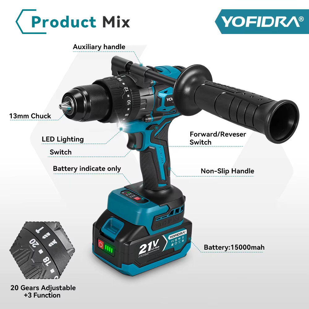 YOFIDRA 900N.M 3200 tr/min perceuse à percussion électrique sans brosse 13mm marteau