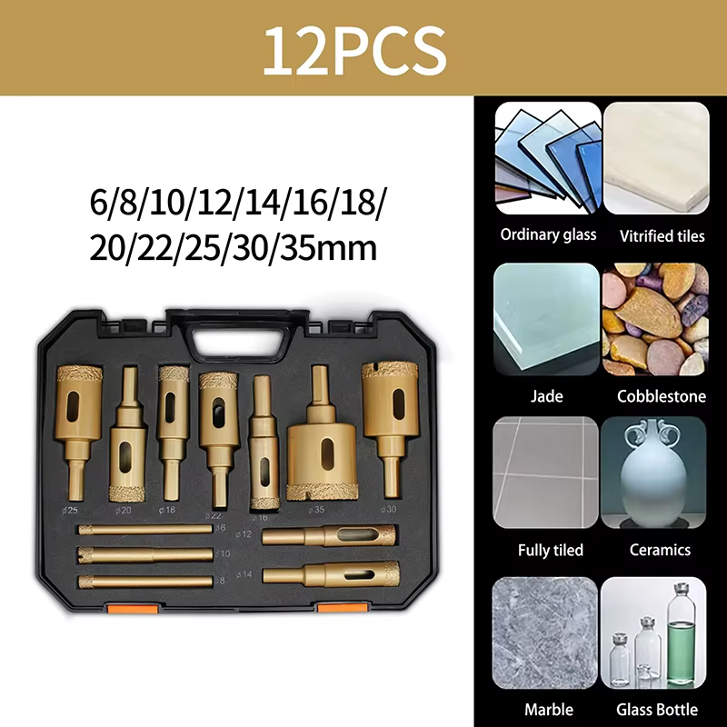 Forets à noyau de diamant 6-35mm, Kit de scie cloche brasée sous vide pour carreaux de porcelaine/céramique/marbre, ensemble d'outils de perçage 12 pièces