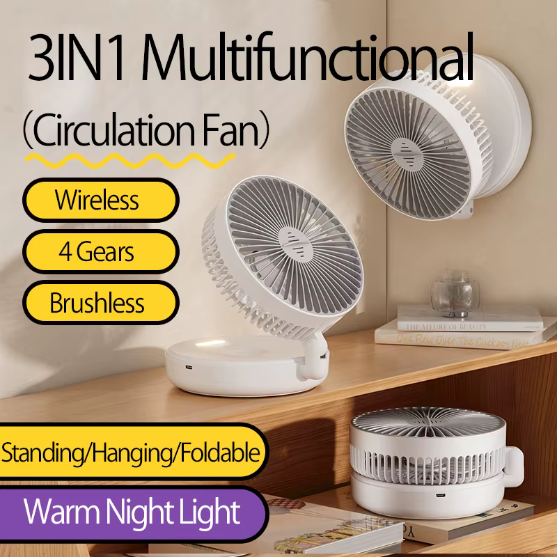 Nouveau ventilateur portable multifonctionnel rechargeable 3-en-1 2024, ventilateur mural 90 °   Ventilateur pliable 4 vitesses avec lumière nocturne chaude