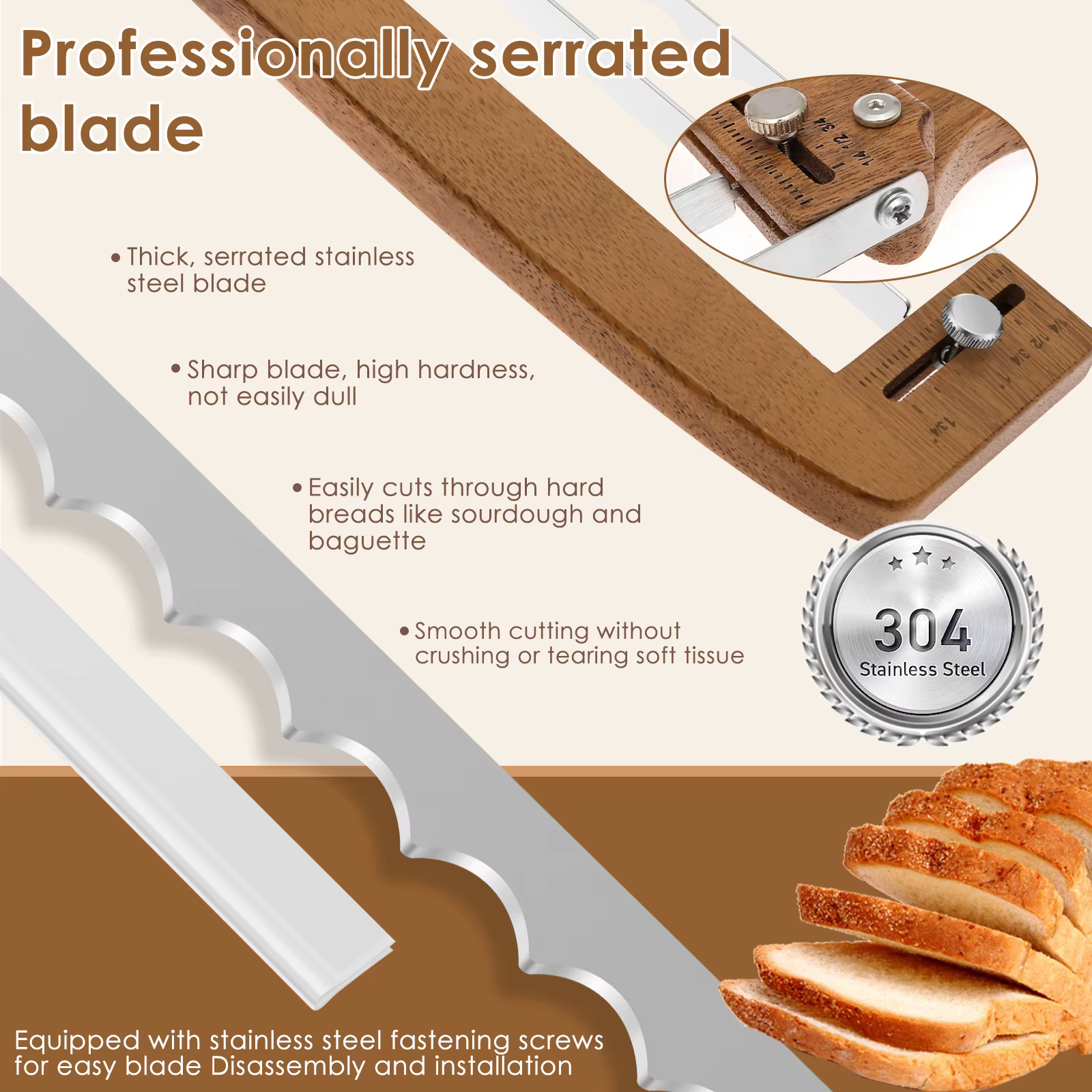 Couteau à pain en bois à épaisseur réglable, couteau manuel pour trancher le pain au levain, outil de découpe pour pains et gâteaux