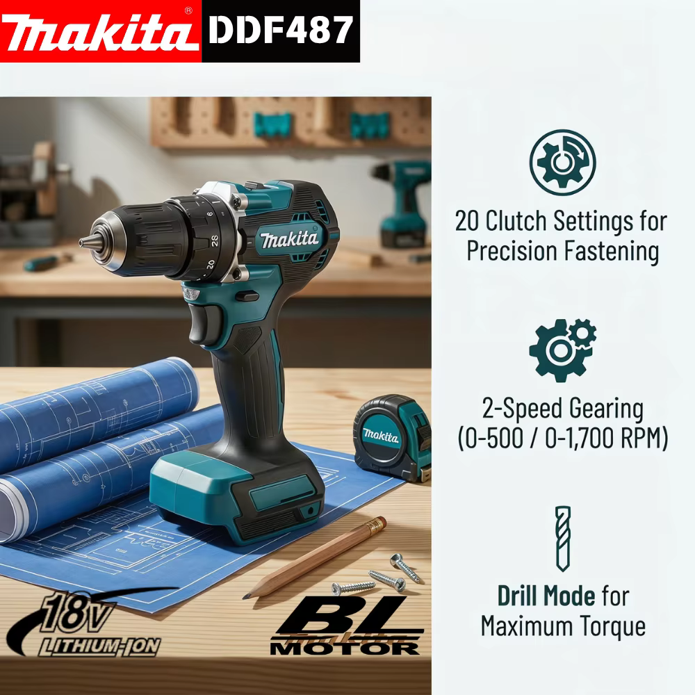 Perceuse-visseuse sans fil Makita DDF487 18V, moteur sans balais, tournevis à chocs électrique, outil électrique rechargeable, outil seul