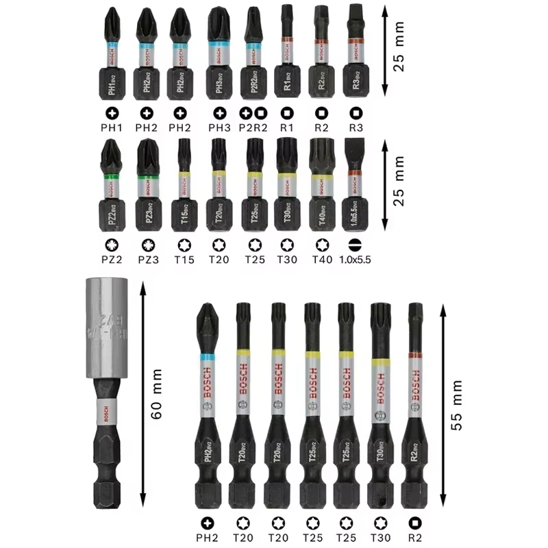 Jeu de 24 embouts de tournevis à percussion magnétiques BOSCH PRO pour perceuse