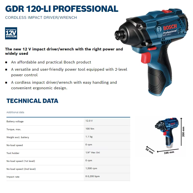 BOSCH GDR 120-LI tournevis à percussion 12V sans fil Rechargeable 1/4 pouces 100Nm