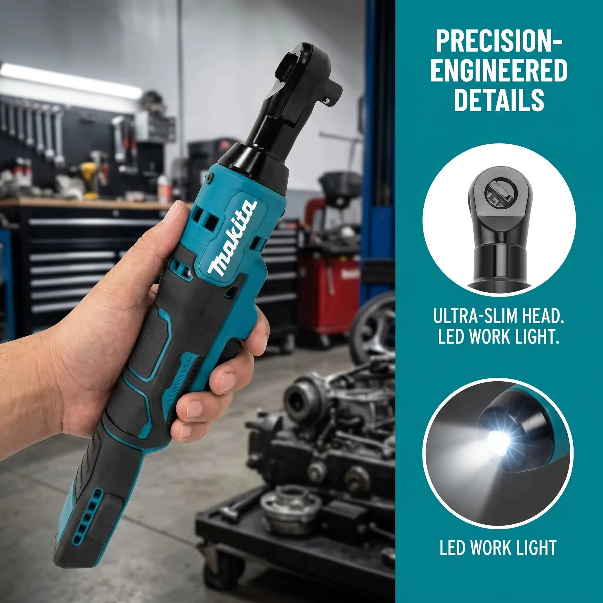 Clé à cliquet à angle droit Makita 2026 sans fil, sans balais, à vitesse variable, avec LED, pour réparation domestique et système de bricolage