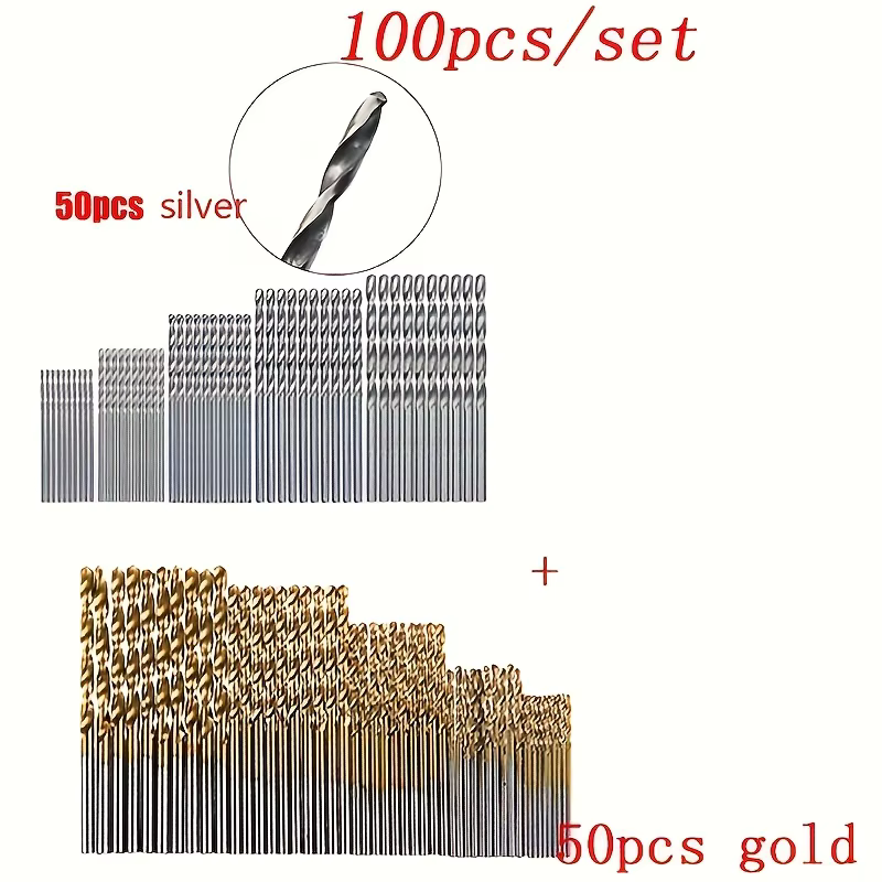 Ensemble de 100 forets HSS revêtus de titane | Tige droite | Pour le bricolage/le travail du bois/le plastique/le métal