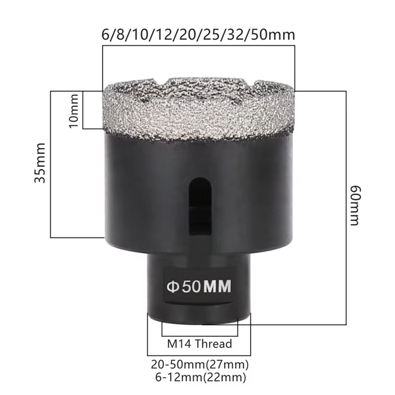 A69EM14 filetage sec brasé sous vide marbre maçonnerie trou scie ouvreur diamant forage noyau peu pour carrelage