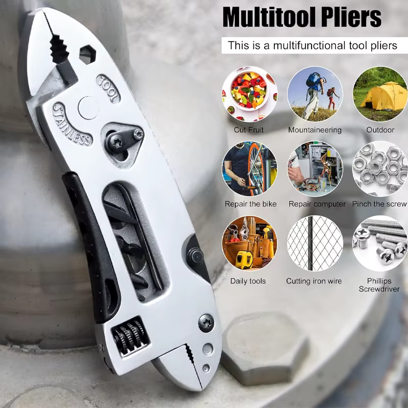 Clé multi-outils réglable, outil de poche multifonctionnel en acier inoxydable, clé croisée, tournevis, pince, couteau pliant