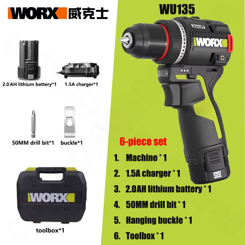 Perceuse électrique sans fil WORX 12V 50Nm 1800 tr/min Embrayage intelligent Arrêt automatique Moteur sans balais