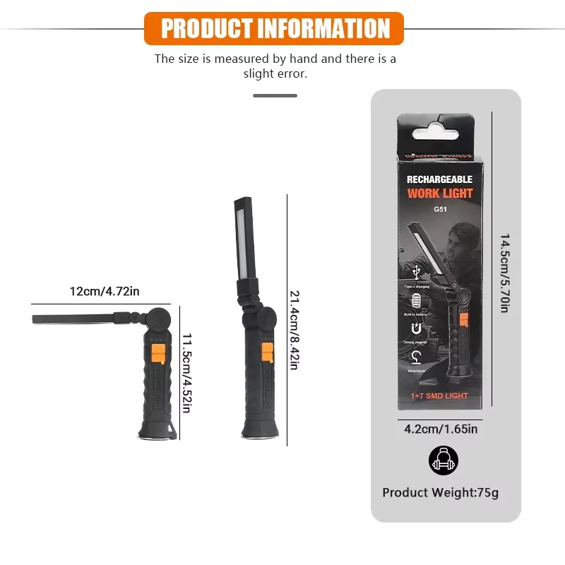 Lampe de travail rotative multifonctionnelle, lampes de poche rechargeables USB avec crochet magnétique, idéale pour l'inspection et l'urgence des réparations automobiles