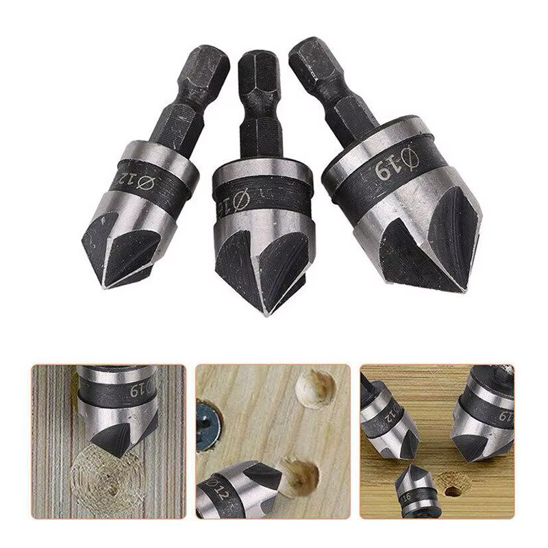 3PC Hexagonale Tige 90 Degrés Noir Cinq Lame Chanféreur 12/16/19mm Fraise Forage Bois Trou Ouvre Outil Ensemble