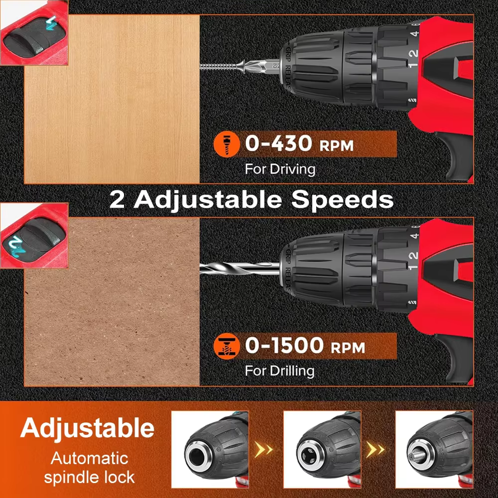 Perceuse-visseuse électrique sans fil EAFC 2 vitesses 60 N.m pour le travail du bois et le bricolage domestique – Kit de contrôle de puissance