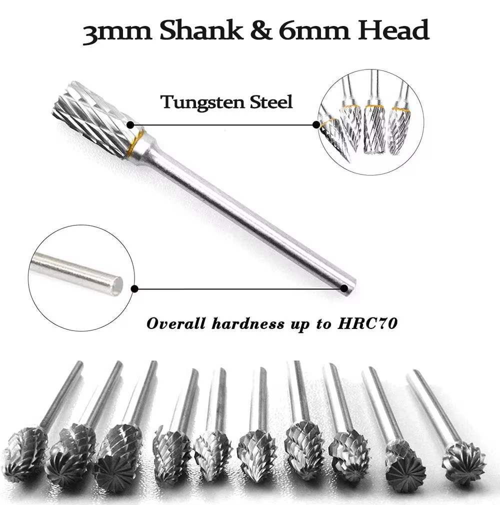 10 pièces 3mm tige en acier au tungstène fraise diamant coupe rotatif Dremel outils électrique meulage outil