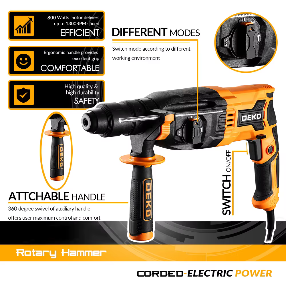 DEKO DKRH26XL80-ST 4 fonctions marteau rotatif électrique accessoires rotatifs multifonctionnels marteau de démolition électrique perceuse à percussion