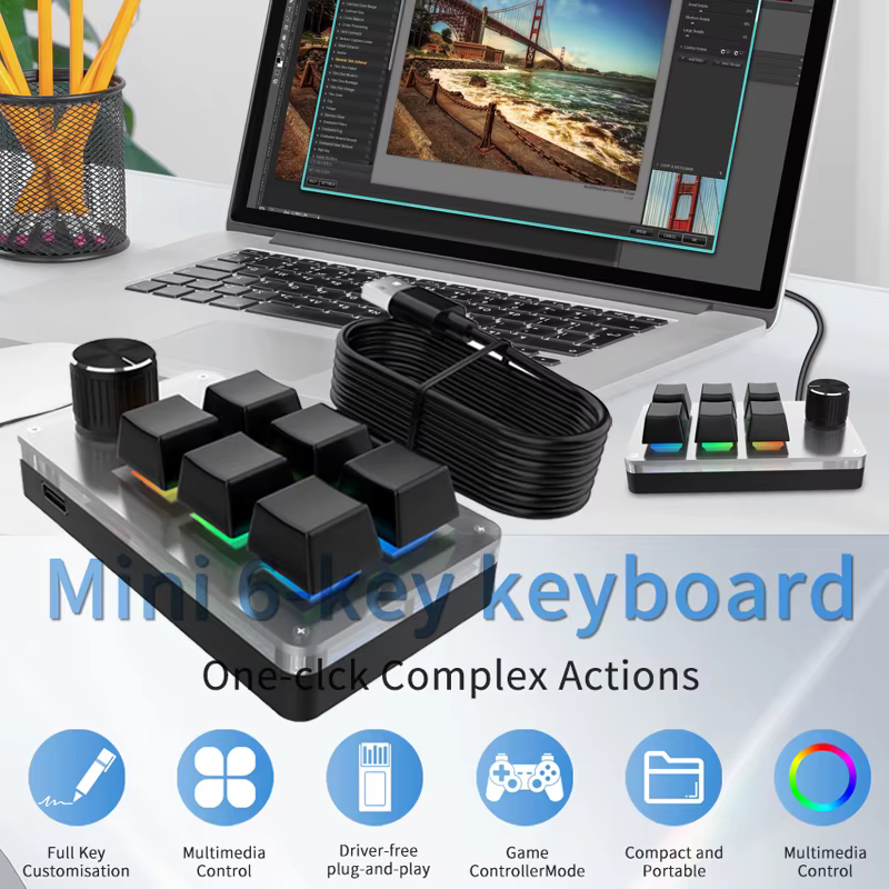 Clavier mécanique USB filaire RGB 6 touches 1 bouton rotatif, clavier de jeu programmable personnalisé, mini clavier pour Photoshop