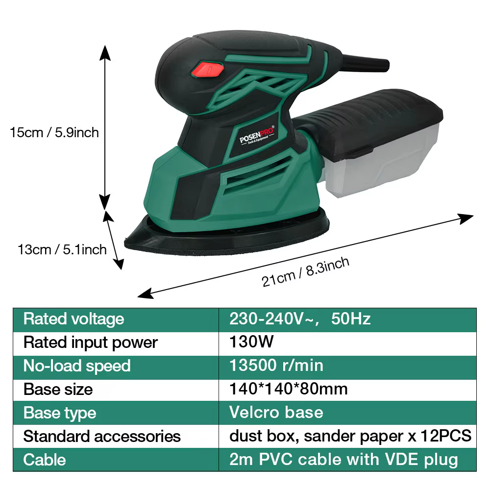 Ponceuse électrique multi-détails 130W avec port d'extraction de poussière et 12 feuilles de papier de ponçage pour la décoration intérieure et le traitement du mobilier