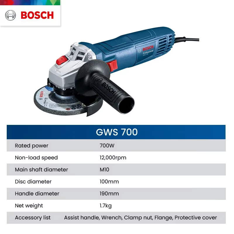 Meuleuse d'angle Bosch GWS 700 filaire 110/220V, machine de polissage et de découpe, 12000 tr/min, disques de 100 mm, machine de meulage électrique, outils électriques