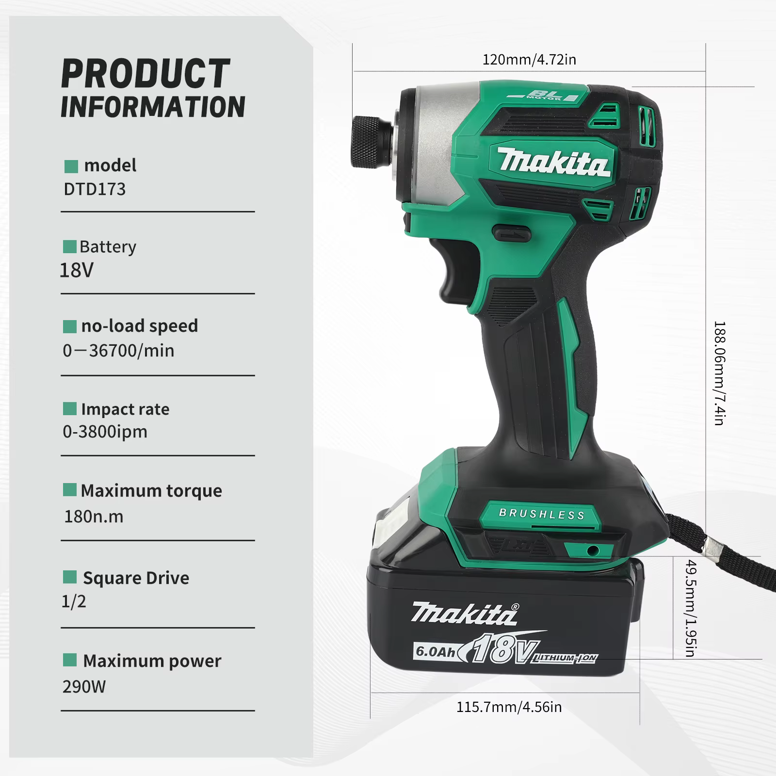 Makita DTD173 Visseuse à chocs sans balais |   180 Nm de couple maximal avec mode T pour le travail du bois, des boulons et des métaux