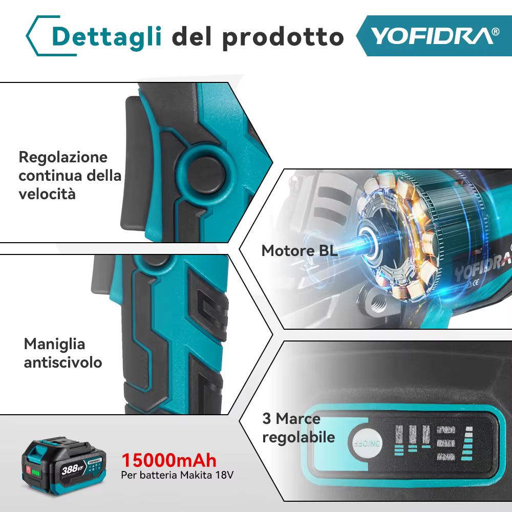 YOFIDRA 125mm meuleuse d'angle sans brosse 3 vitesses coupe efficace polissage outil de travail du bois pour Makita 18-21V batterie broche