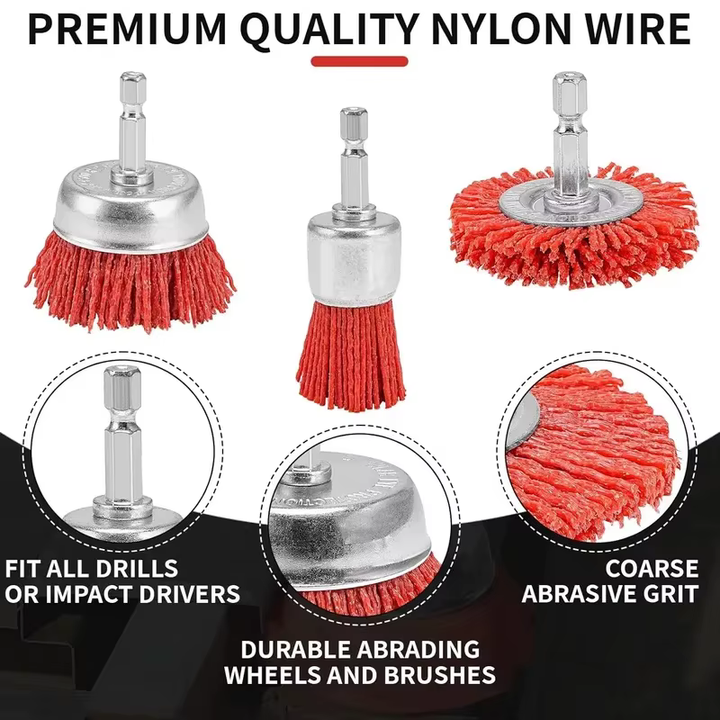 Brosse en nylon abrasive à fil métallique avec tige de 1/4 po pour perceuse