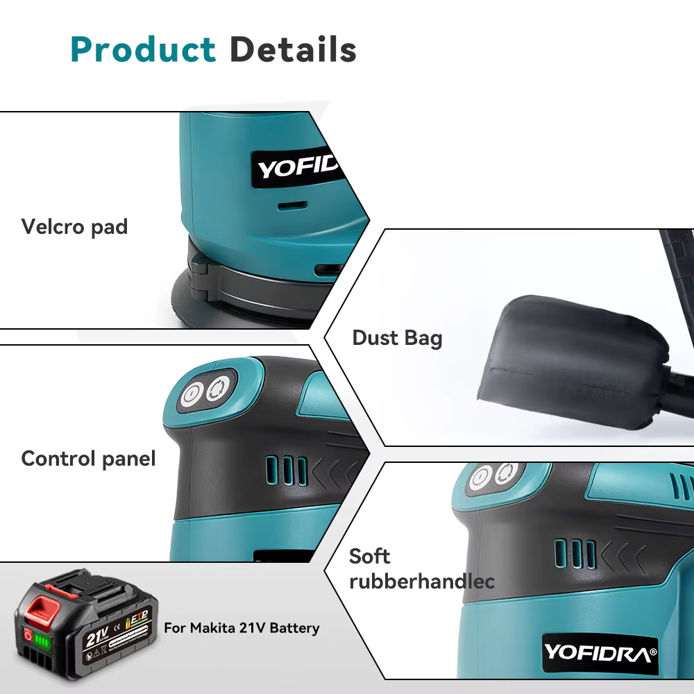YOFIDRA 125MM ponceuse orbitale électrique sans fil 3 vitesses réglable Rechargeable polisseuse meuleuse Machine pour Makita 18V batterie