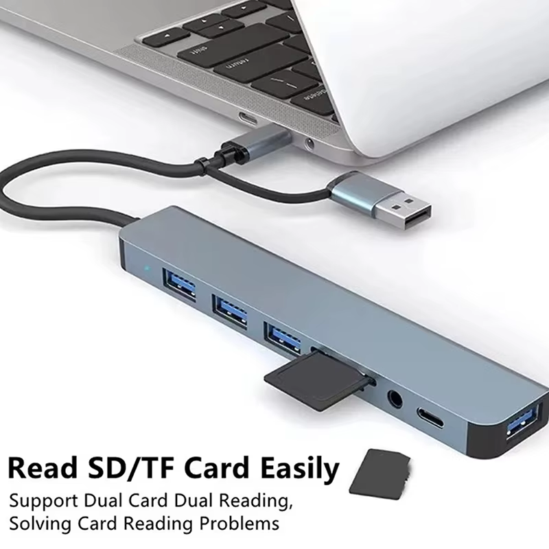 Hub d'extension USB C multifonctionnel 8 en 1 avec 4 connexions USB, port USBC et lecteur de carte TF/SD pour MacBook