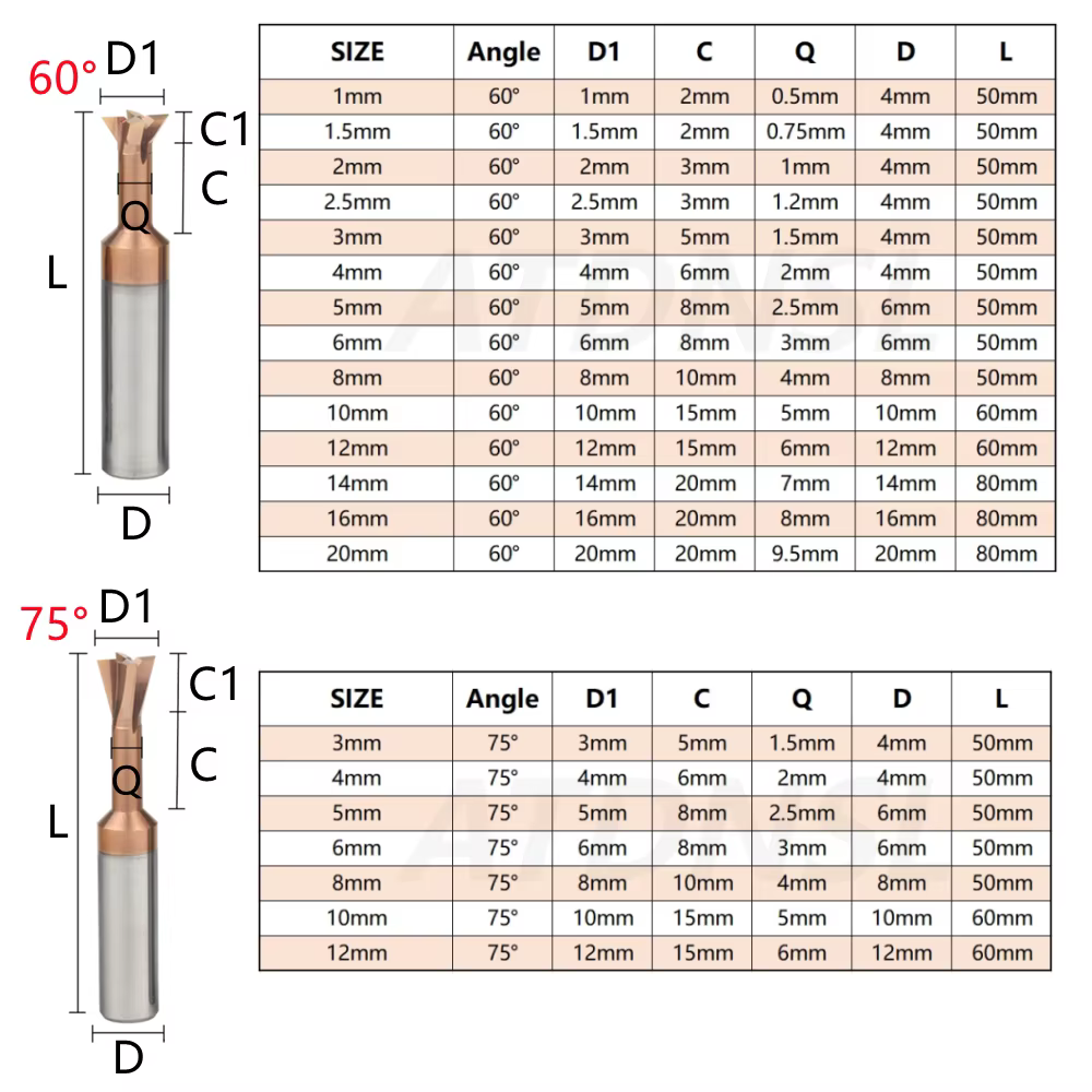 30 45 60 75 degrés fraise à queue d'aronde 1mm/1.5mm-20mm CNC t-slot outil de fraisage précision T type