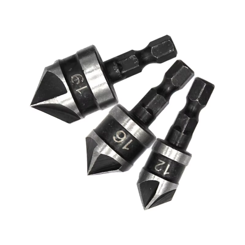 3PC Hexagonale Tige 90 Degrés Noir Cinq Lame Chanféreur 12/16/19mm Fraise Forage Bois Trou Ouvre Outil Ensemble