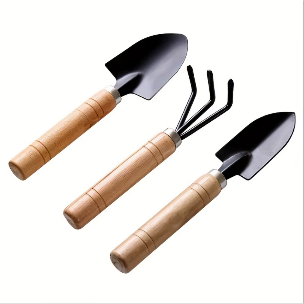 Ensemble de trois mini-outils de jardinage avec manches en bois et râteau à trois dents, ensemble d'outils pratiques pour le jardin et la plantation