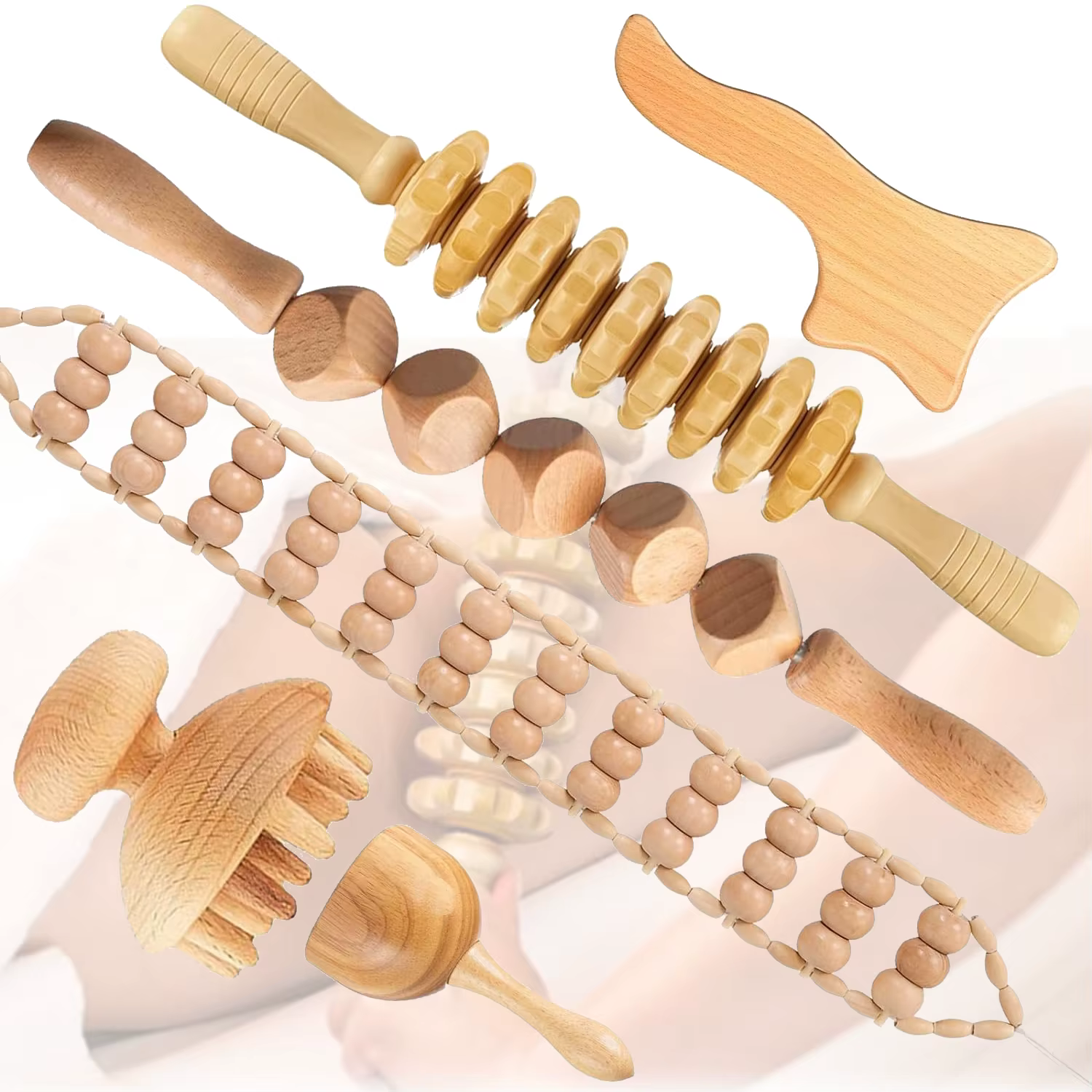 6 outils de massage en bois, kit complet de madérothérapie pour le remodelage corporel, le soulagement musculaire, anti-cellulite
