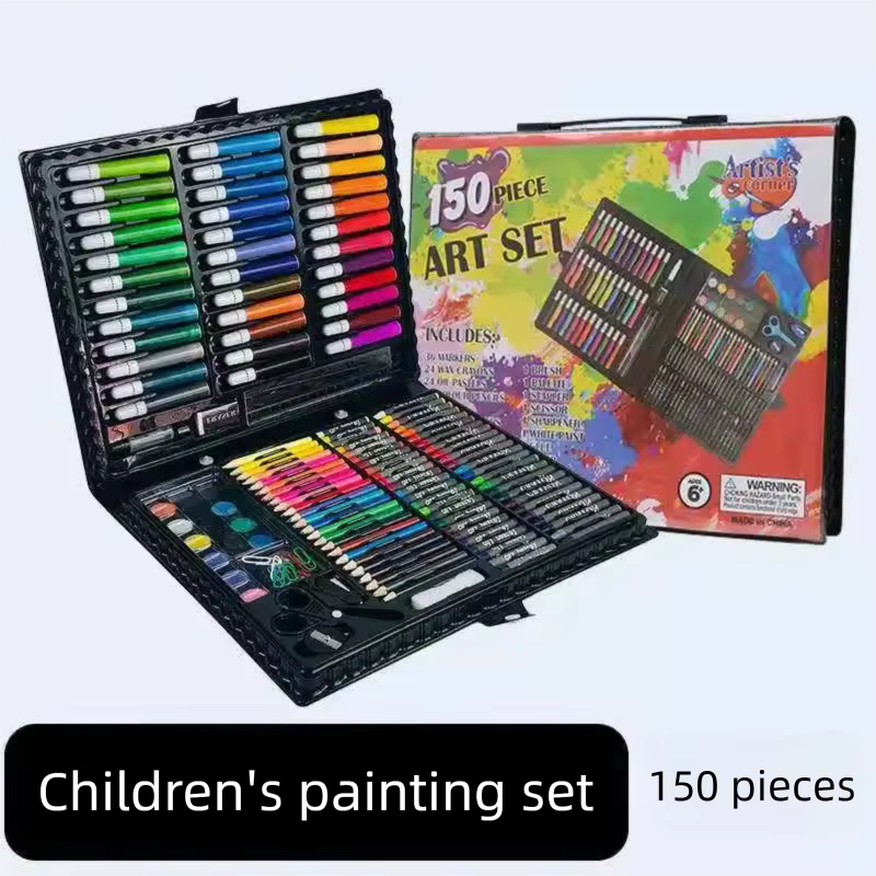 Kit d'outils de dessin pour enfants, ensemble d'art, marqueurs aquarelle, Crayons, ensemble de dessin, bâton de peinture à l'huile, Graffiti, boîte cadeau en bois, 150 pièces/ensemble