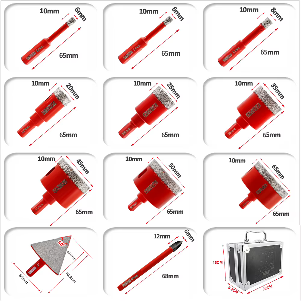 Kit de 11 forets diamantés Diatool avec tiges triangulaires de 6/6/8/20/25/35/45/50/65/50/6 mm pour marbre