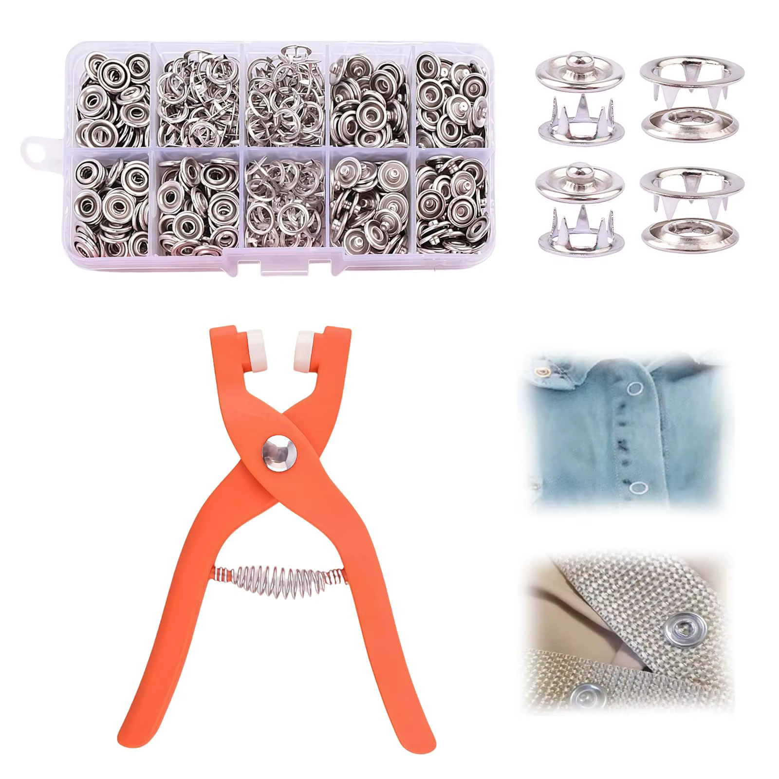 Kit de boutons-pression, ensemble de boutons-pression métalliques avec pince de fixation, outil de pressage et boîte, boutons-pression anti-rouille pour bricolage, outil de fixation de boutons