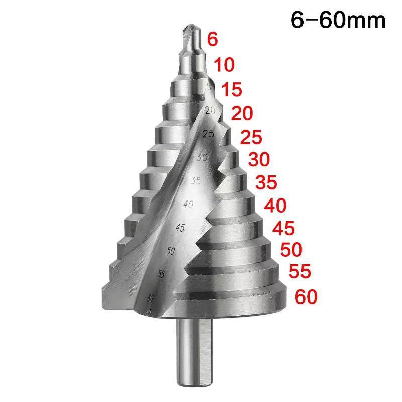 Foret étagé 6-60mm, rainure en spirale, coupe-trou de pagode, feuille de métal, foret conique, tige triangulaire, ouvre-trou étagé