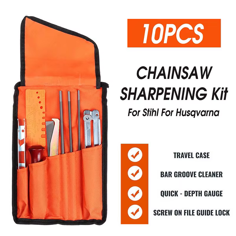 Kit d'affûtage de scie à chaîne professionnelle, ensemble d'outils, manche en bois dur, barre de guidage de fichiers ronde/plate, outils d'affûtage de fichiers 10-12 pièces