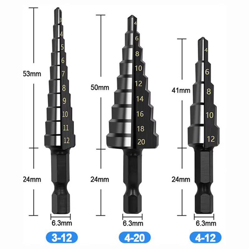 3Pcs HSS Droite Groove Étape Foret 3-12mm 4-12mm 4-20mm Nitrure Noir Hex Bois Métal Trou Cutter Core Outils De Forage Ensemble