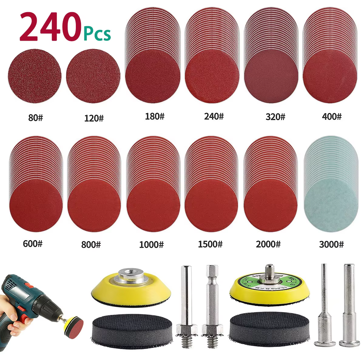 240 pièces 2 pouces 50mm disques de ponçage tampons ensemble 80-3000 grain abrasif tampon de polissage Kit pour Dremel outil rotatif papiers de verre accessoires
