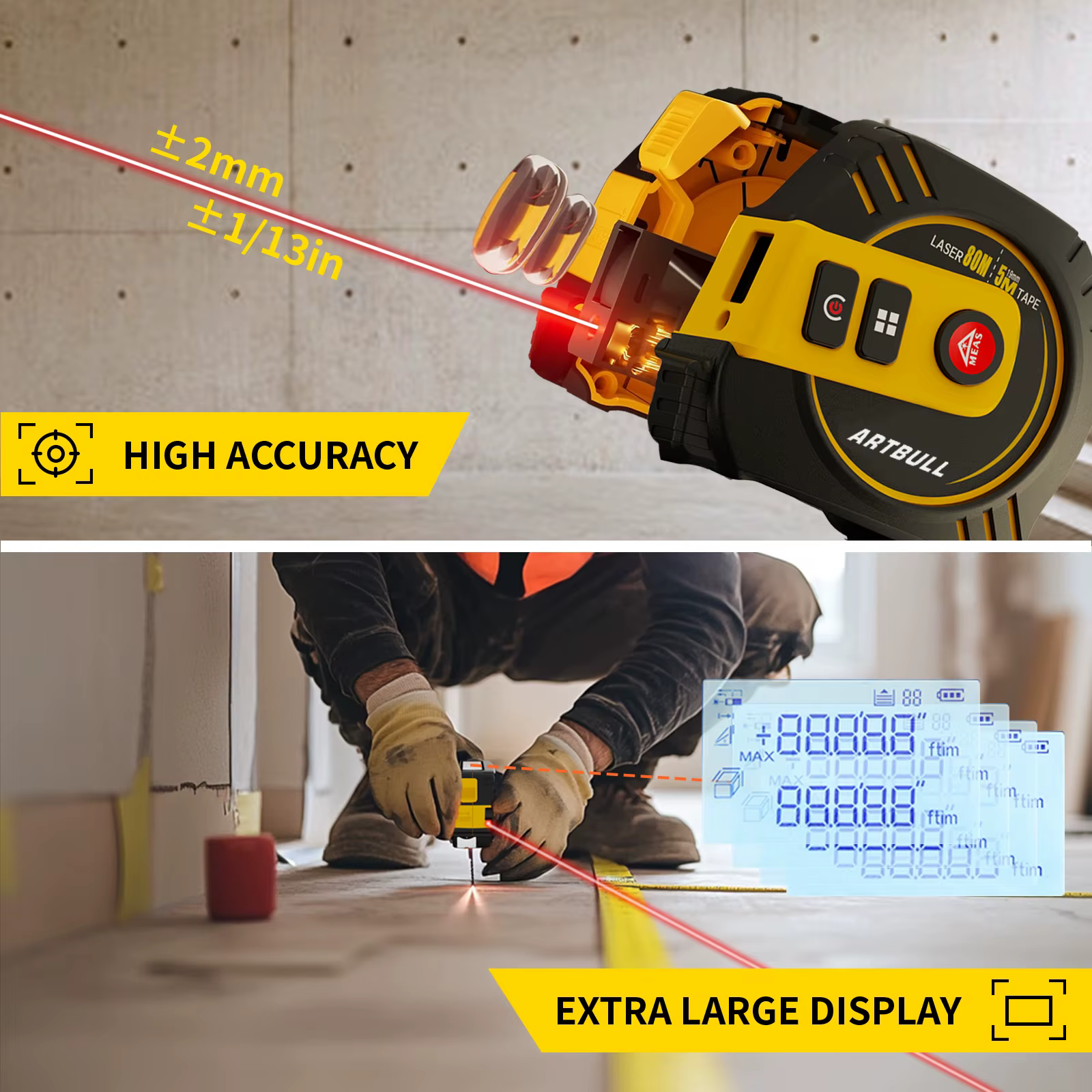 Télémètre laser rechargeable multifonction 2-en-1 80m avec ruban de mesure 5m et écran LCD rétroéclairé
