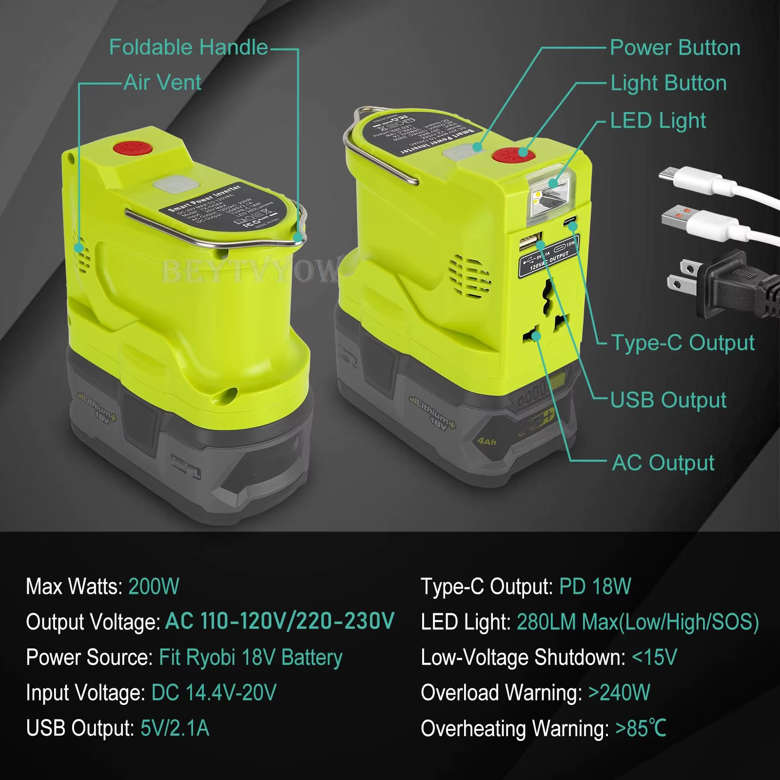 Onduleur d'alimentation pour Ryobi One 18V Batterie 200W DC 18V à AC 110V / 230V Convertisseur d'onde