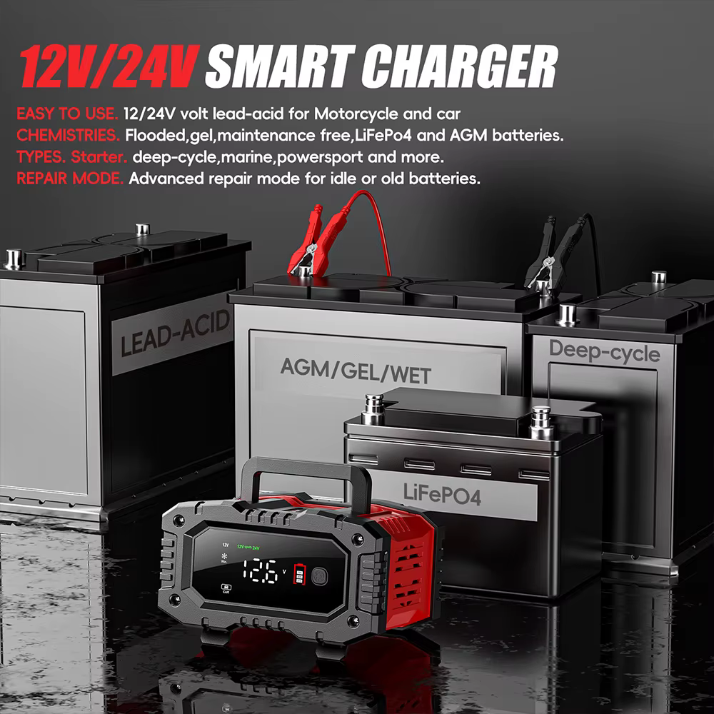 Chargeur intelligent de batterie de voiture et de moto FOXSUR 20A/10A 12V/24V pour batteries au plomb-acide et LiFePO4